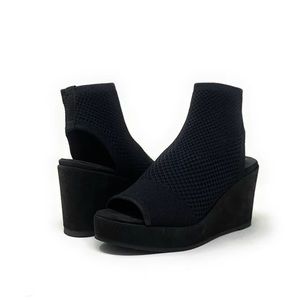 EILEEN FISHER WAR BLACK KNIT LEATHER-WRAPPED PLATFORM WEDGE SANDAL